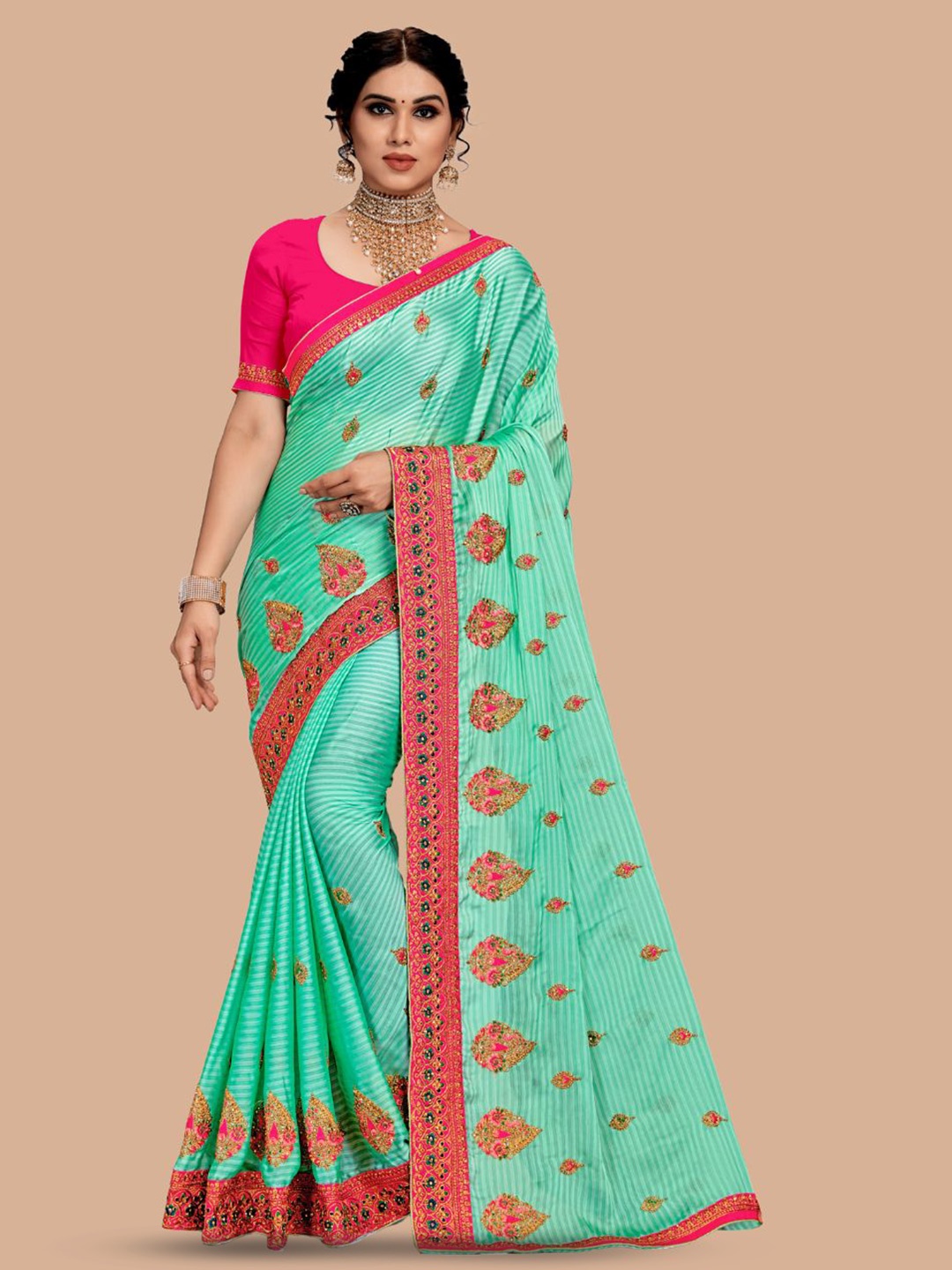 

MAGMINA Ethnic Motifs Embroidered Pure Chiffon Bhagalpuri Saree, Sea green