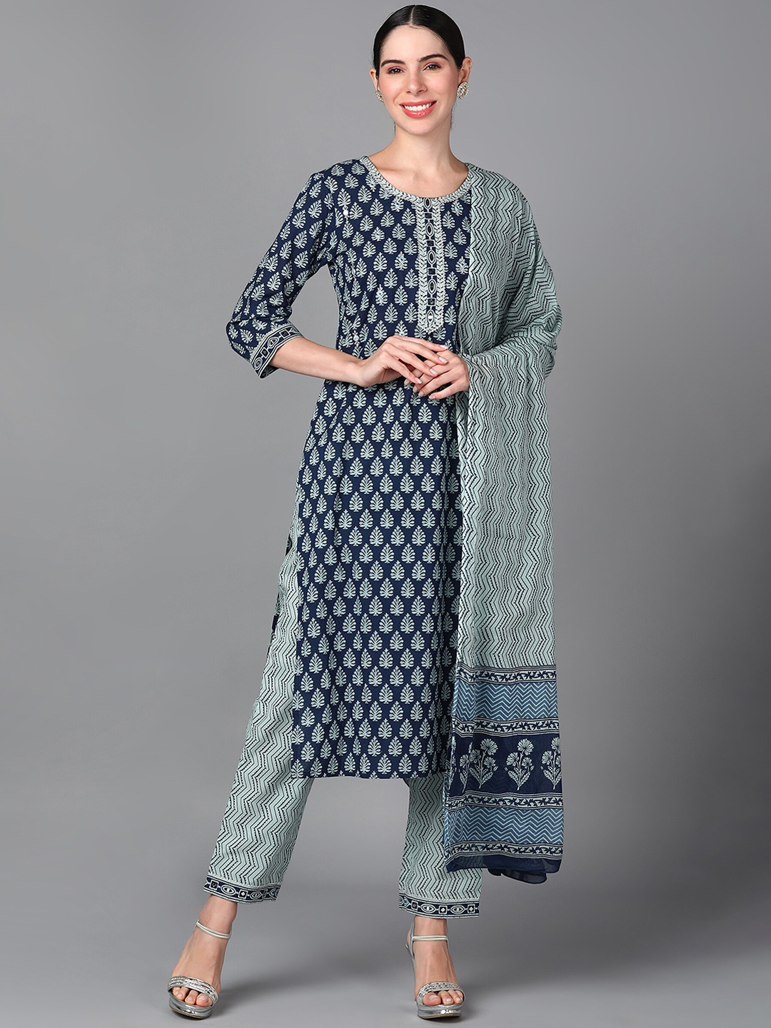 

AAYUMI Ethnic Motifs Printed Regular Gotta Patti Kurta With Pyjamas & Dupatta, Blue