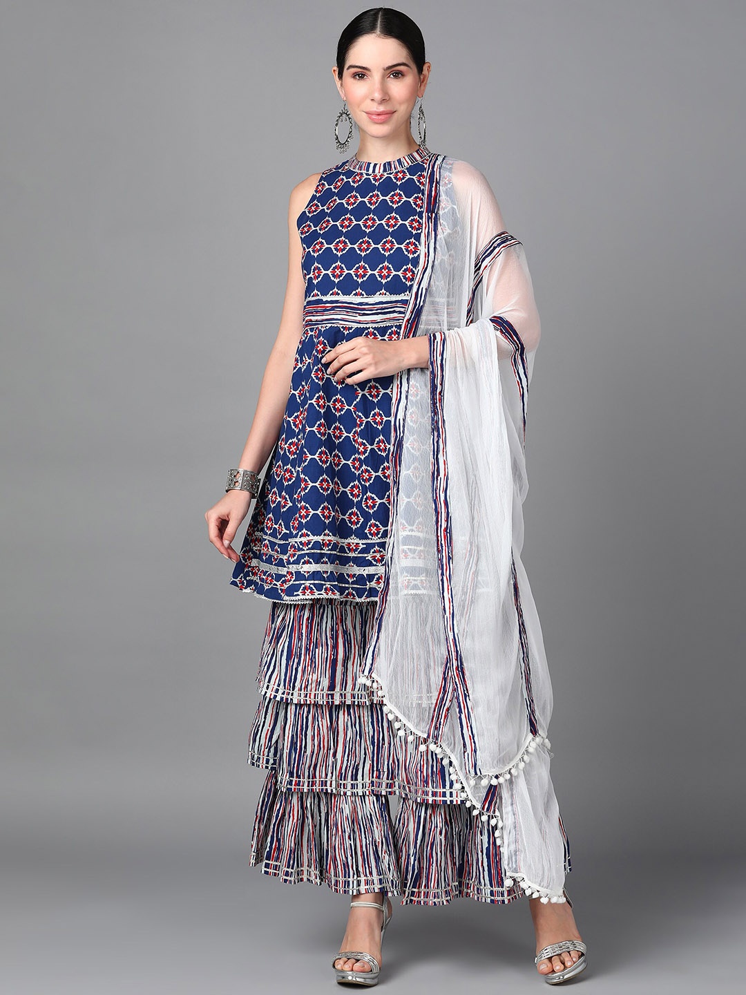 

AAYUMI Ethnic Motifs Printed Regular Gotta Patti Kurta With Sharara & Dupatta, Blue