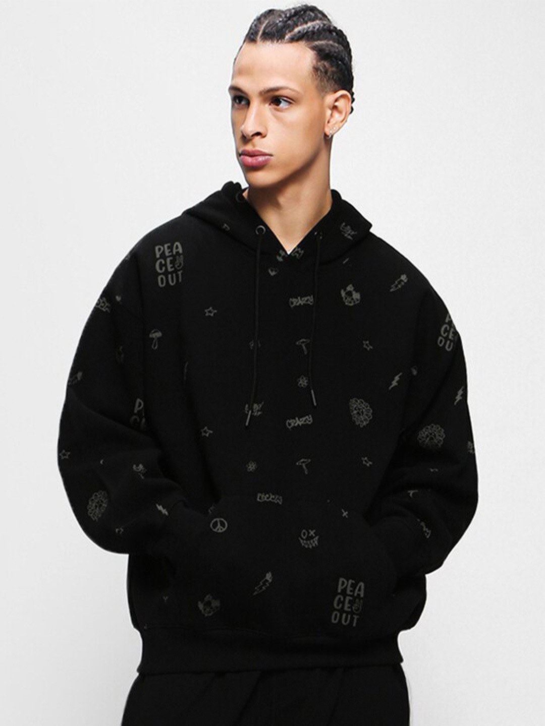 

Bewakoof Heavy Duty 1.0 Men All Over Printed Plus Size Hoodies, Black