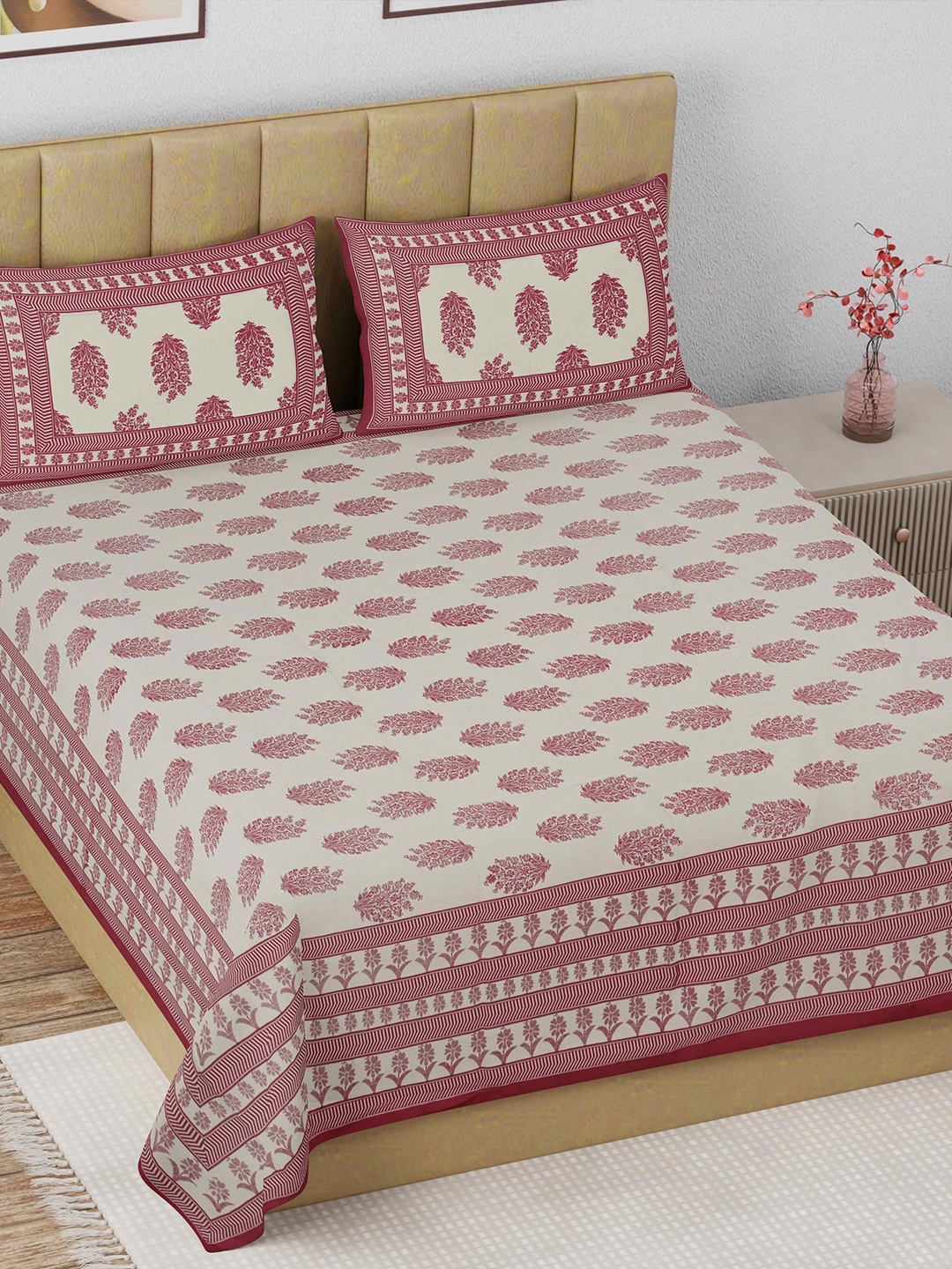 

The Craft Monk Off White & Pink Cotton 180 TC King Bedsheet with 2 Pillow Covers