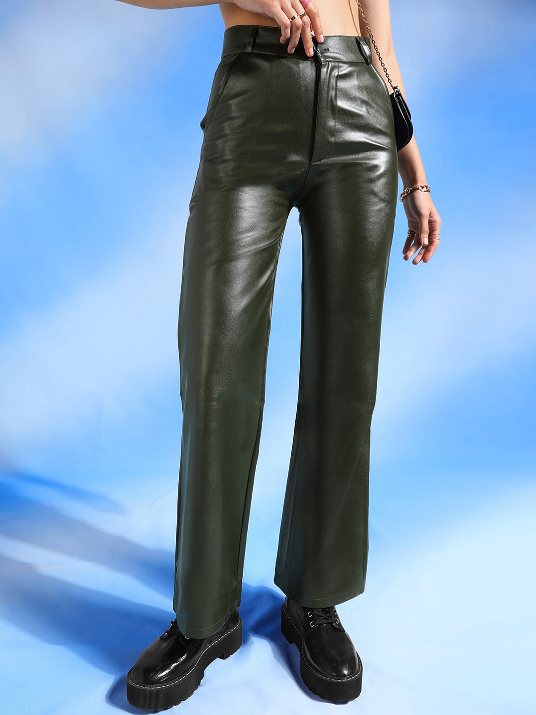 

SHECZZAR Women Classic Flared Easy Wash Leather Trouser, Green