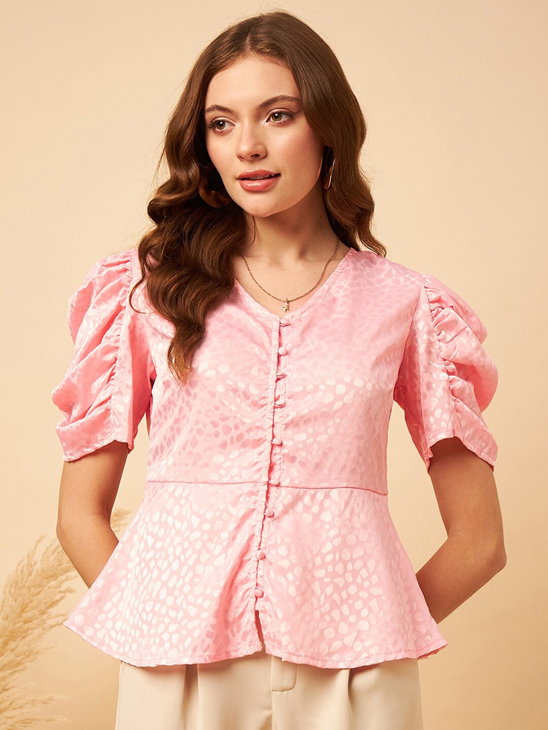 

MINT STREET Abstract Printed V-Neck Puff Sleeve Satin Peplum Top, Pink