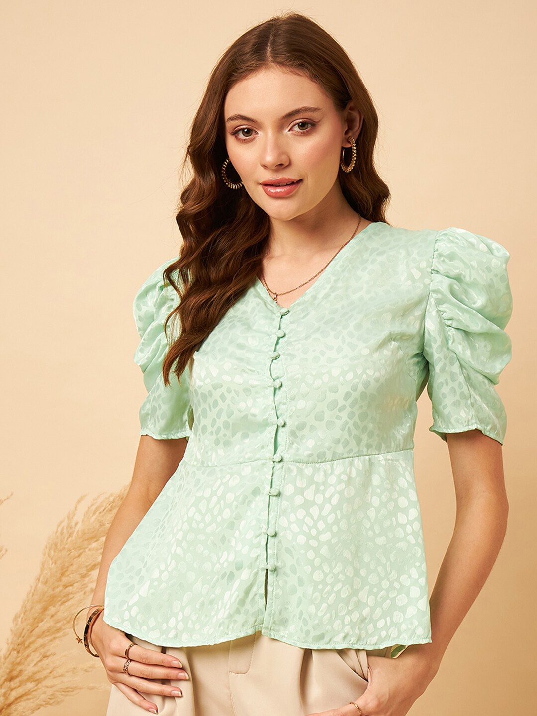 

MINT STREET Abstract Woven Design Puff Sleeve V-Neck Jacquard Satin Peplum Top, Green