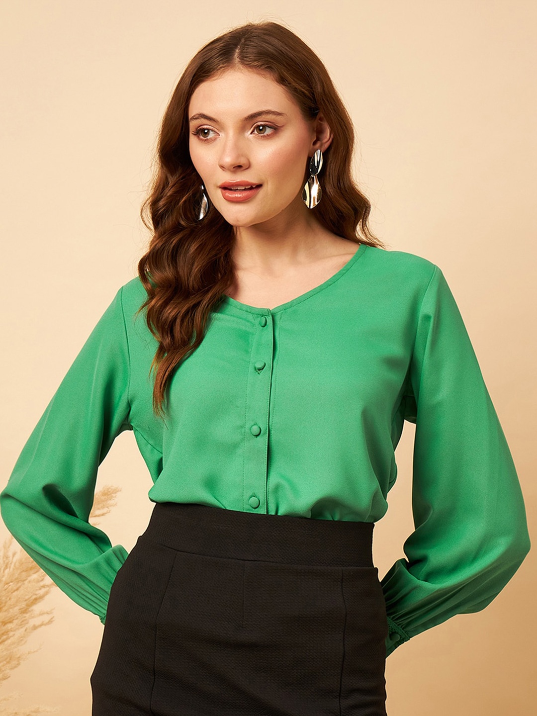 

MINT STREET Puff Sleeve V-Neck Georgette Top, Green