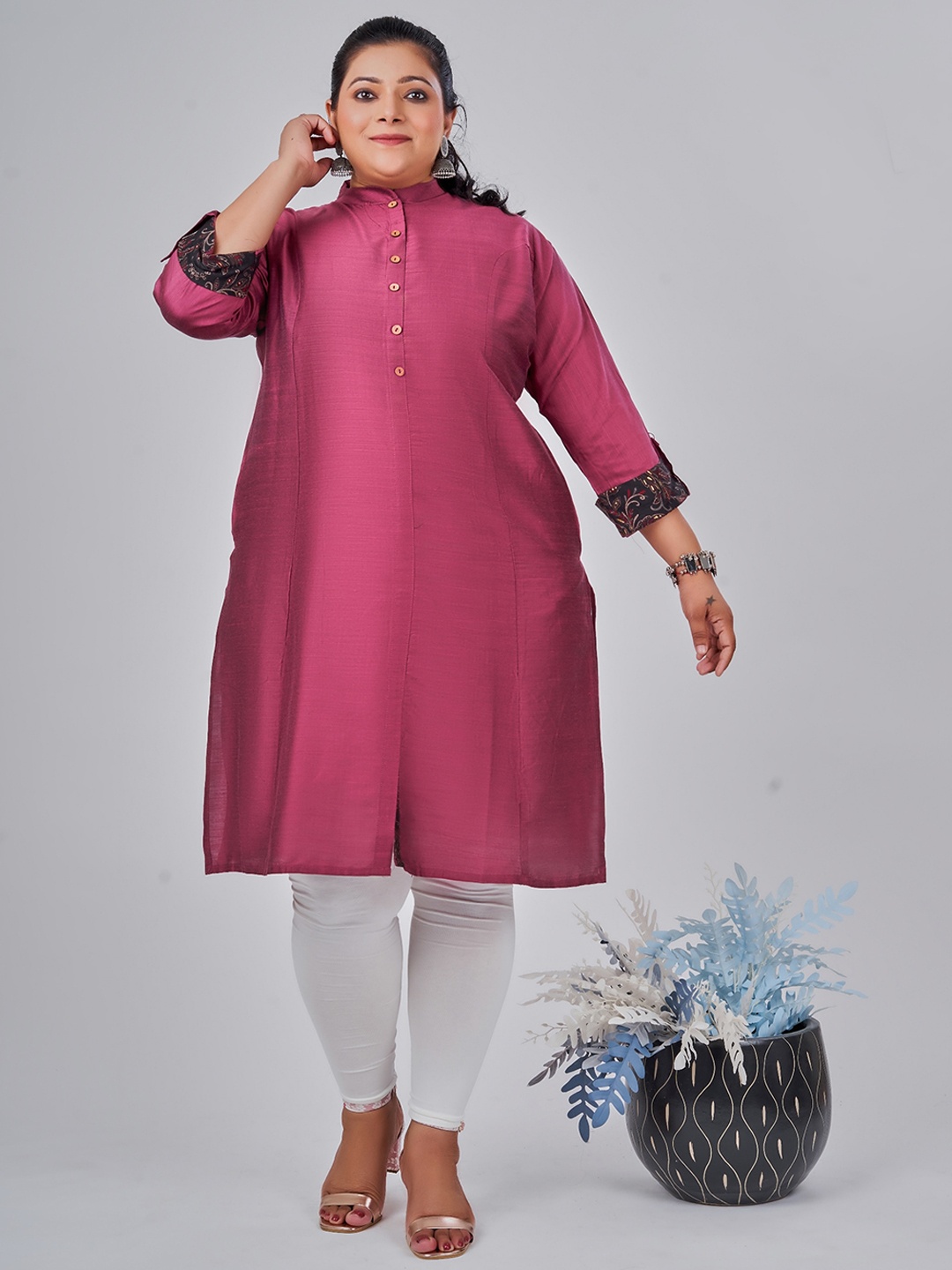 

NAYRA Plus Size Mandarin Collar Straight Cotton Kurta, Pink