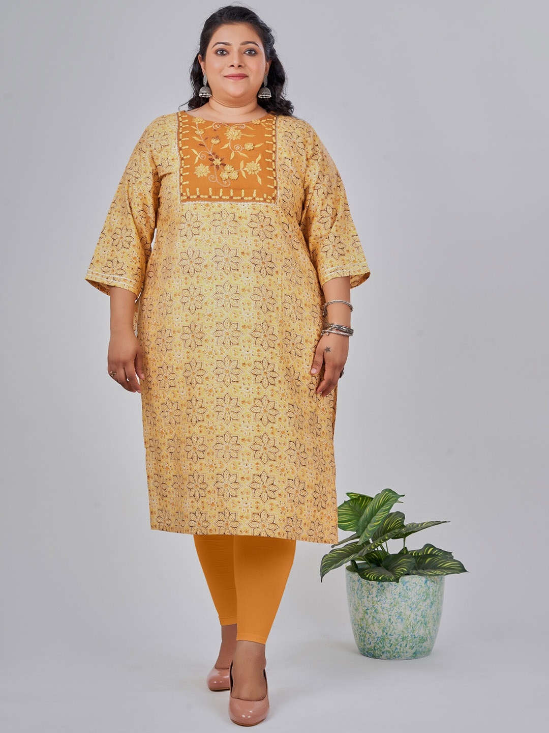 

NAYRA Plus Size Floral Printed Thread Work Straight Kurta, Mustard