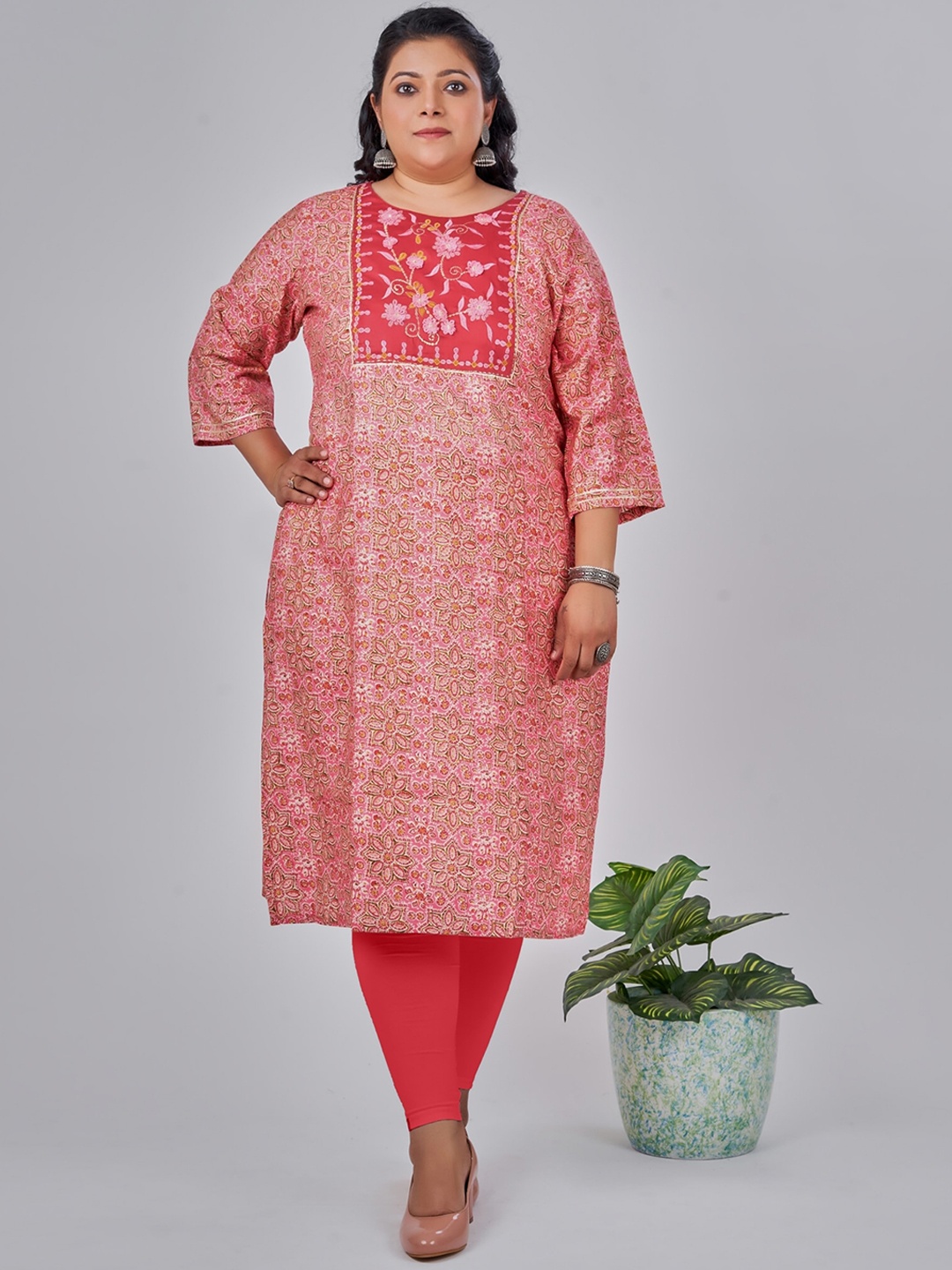 

NAYRA Plus Size Floral Printed Thread Work Straight Kurta, Red