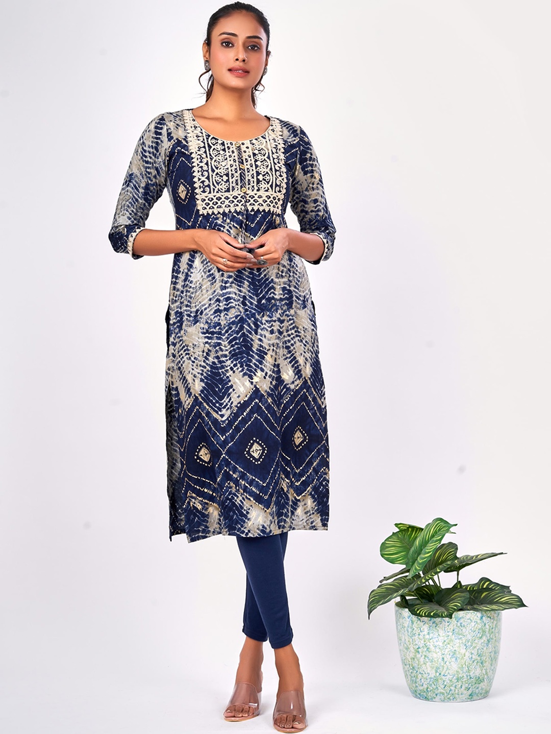 

NAYRA Ethnic Motifs Printed Round Neck Straight Kurta, Blue