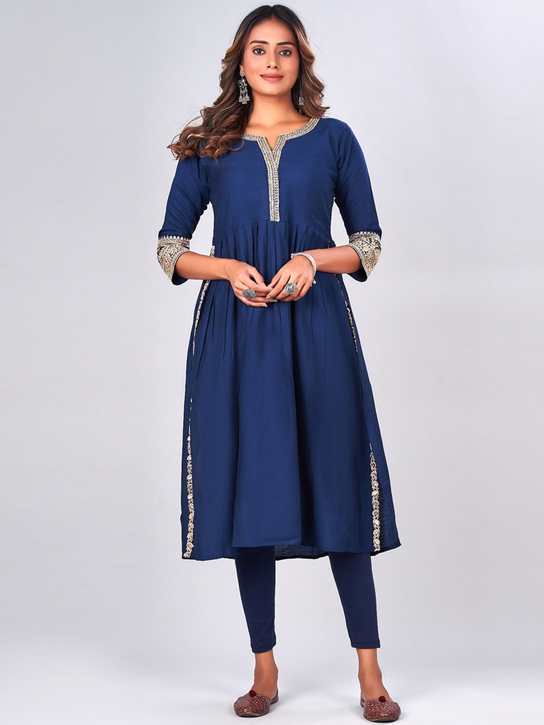 

NAYRA Thread Work Detial Silk A-Line Kurta, Navy blue