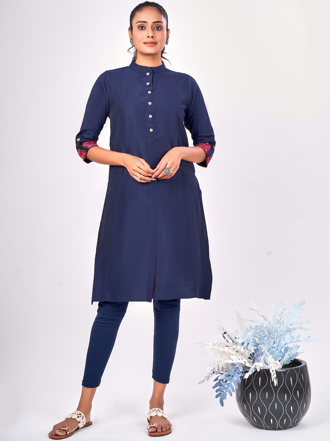 

NAYRA Band Collar Cotton Straight Kurta, Navy blue
