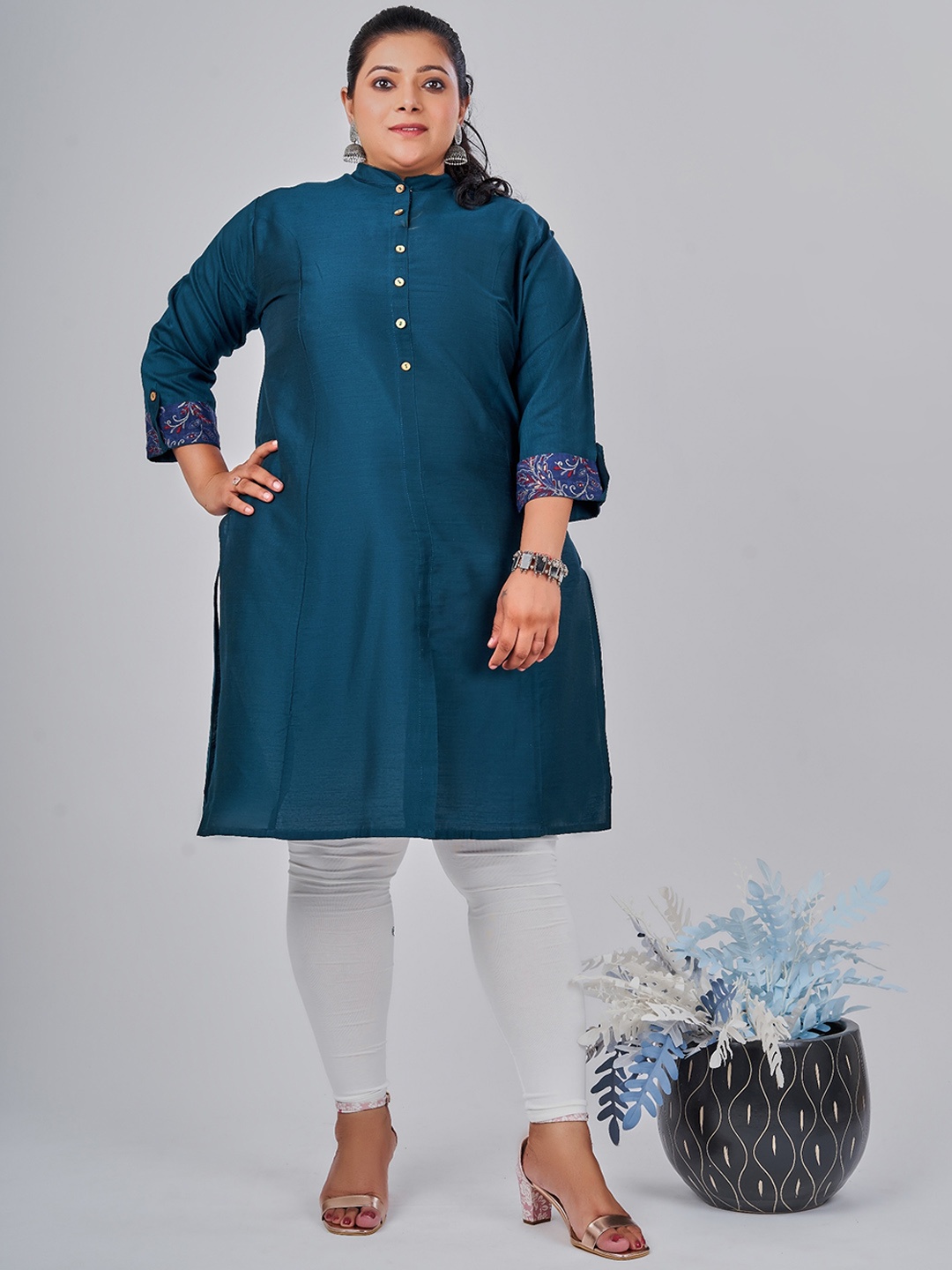 

NAYRA Plus Size Ethnic Motifs Printed Band Collar Cotton Straight Kurta, Teal
