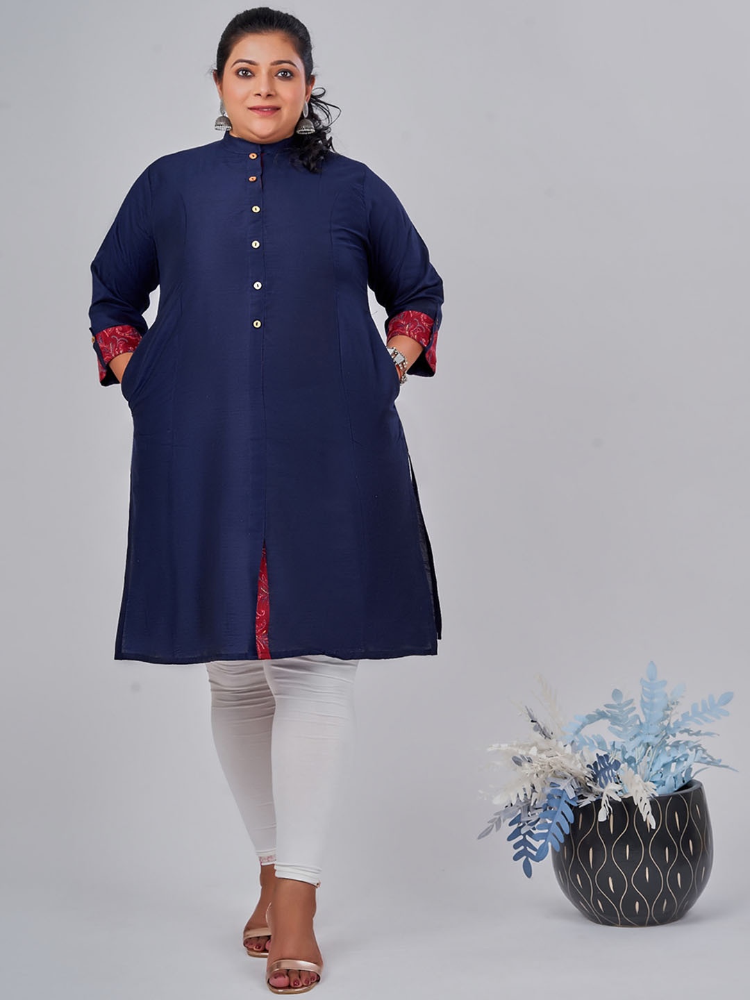 

NAYRA Plus Size Mandarin Collar Straight Cotton Kurta, Navy blue