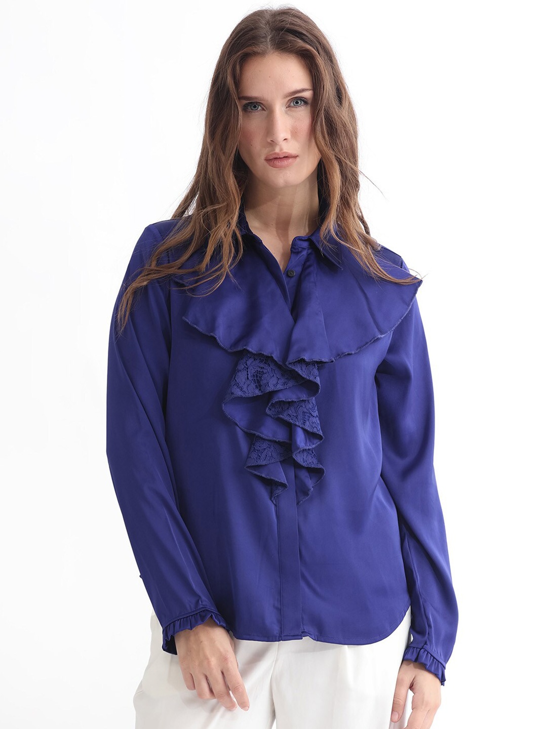 

RAREISM Mandarin Collar Long Sleeve Pleated Shirt Style Top, Blue