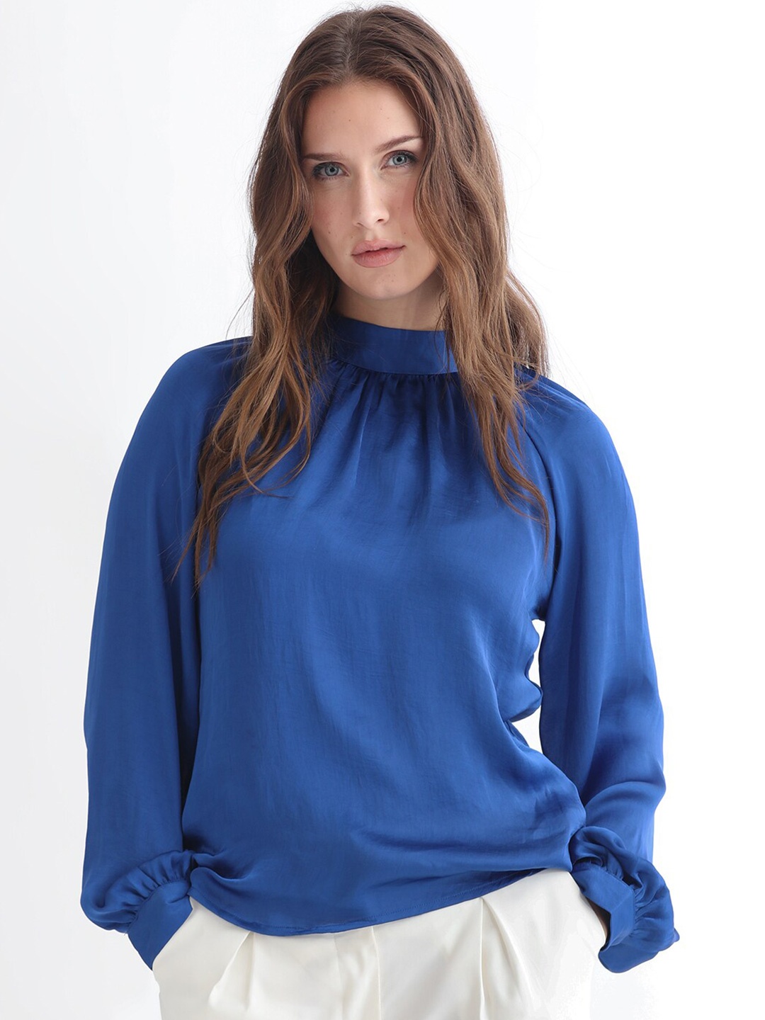 

RAREISM High Neck Cuffed Sleeves Cotton Top, Blue