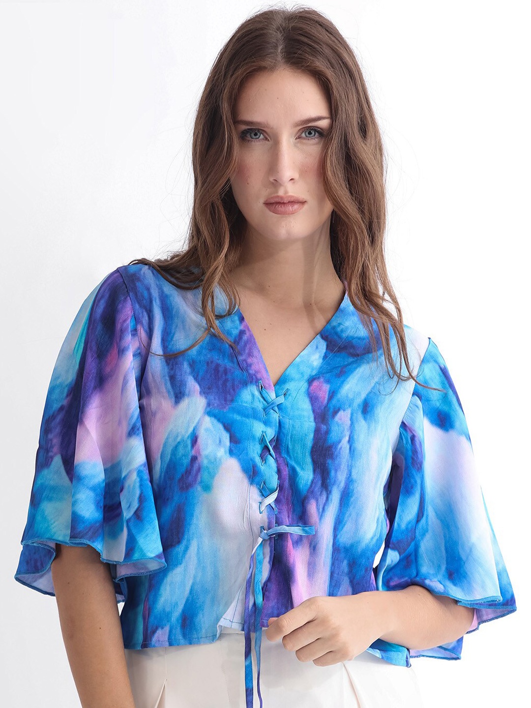 

RAREISM Abstarct Print Flared Sleeve Top, Blue