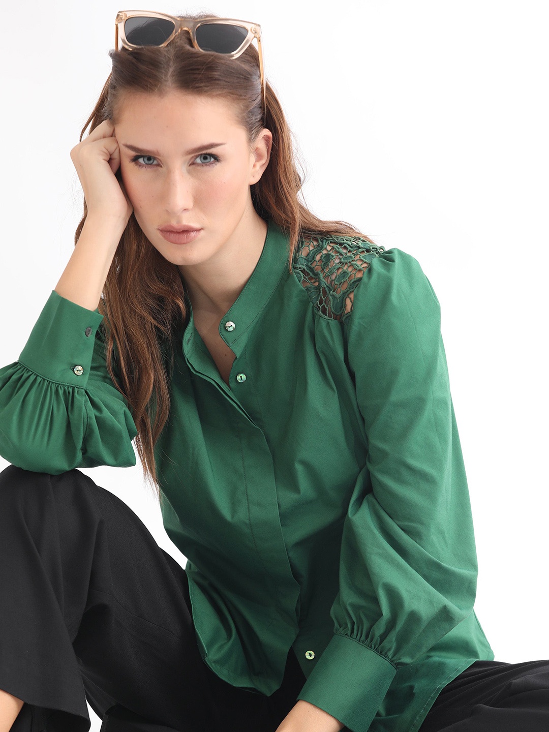 

RAREISM Spread Collar Cotton Casual Shirt, Green