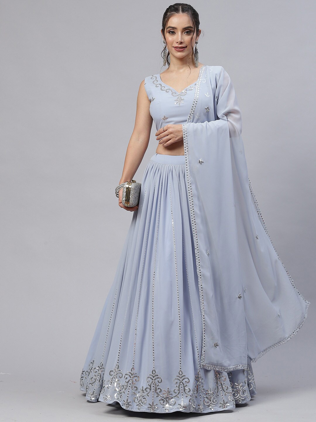 

SHUBHKALA Embroidered Thread Work Semi-Stitched Lehenga & Unstitched Blouse With Dupatta, Blue