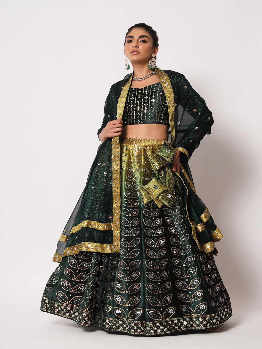 

SHUBHKALA Embellished Sequinned Semi-Stitched Lehenga & Unstitched Blouse With Dupatta, Green