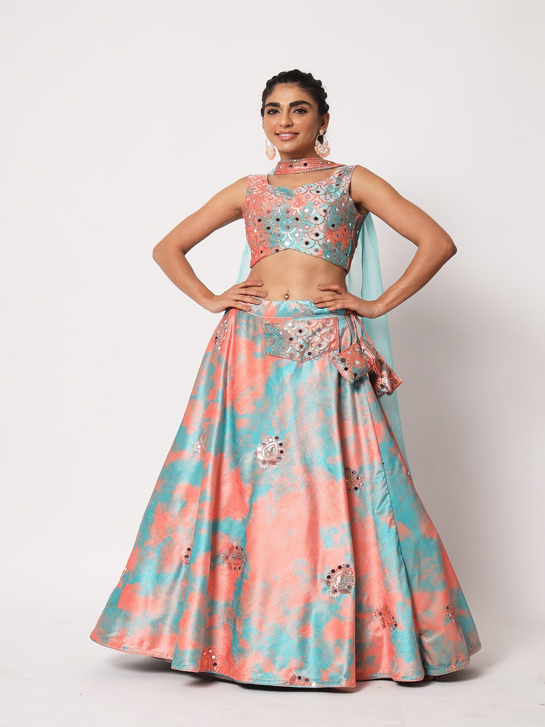 

SHUBHKALA Embellished Mirror Work Semi-Stitched Lehenga & Unstitched Blouse With Dupatta, Orange