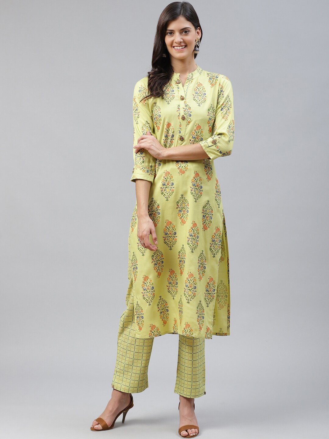 

JC4U Ethnic Motifs Printed Straight Kurta With Trousers, Green