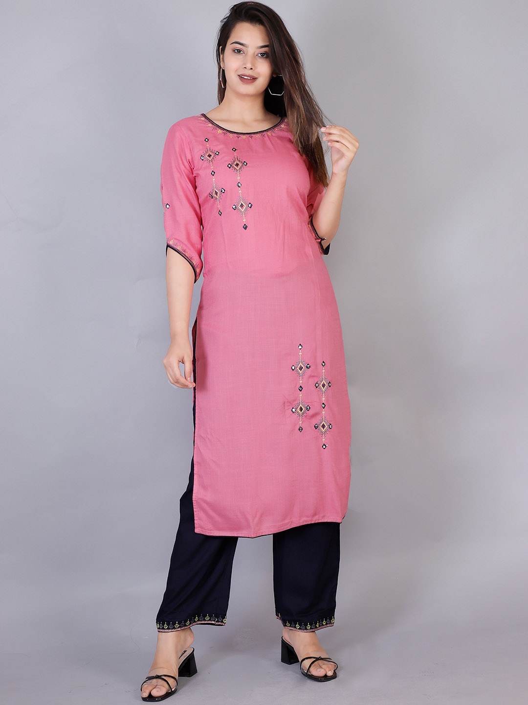 

JC4U Ethnic Motifs Embroidered Mirror Work Straight Kurta With Trousers, Pink