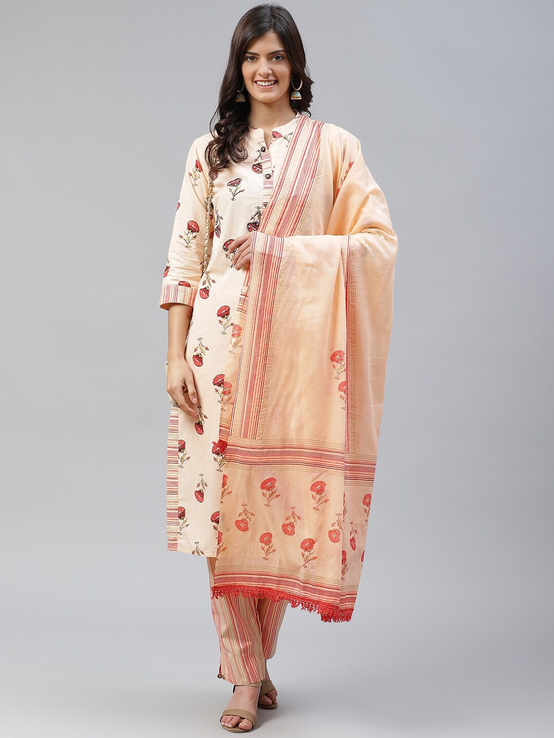 

JC4U Floral Printed Regular Beads and Stones Pure Cotton Kurta With Trousers & Dupatta, Cream