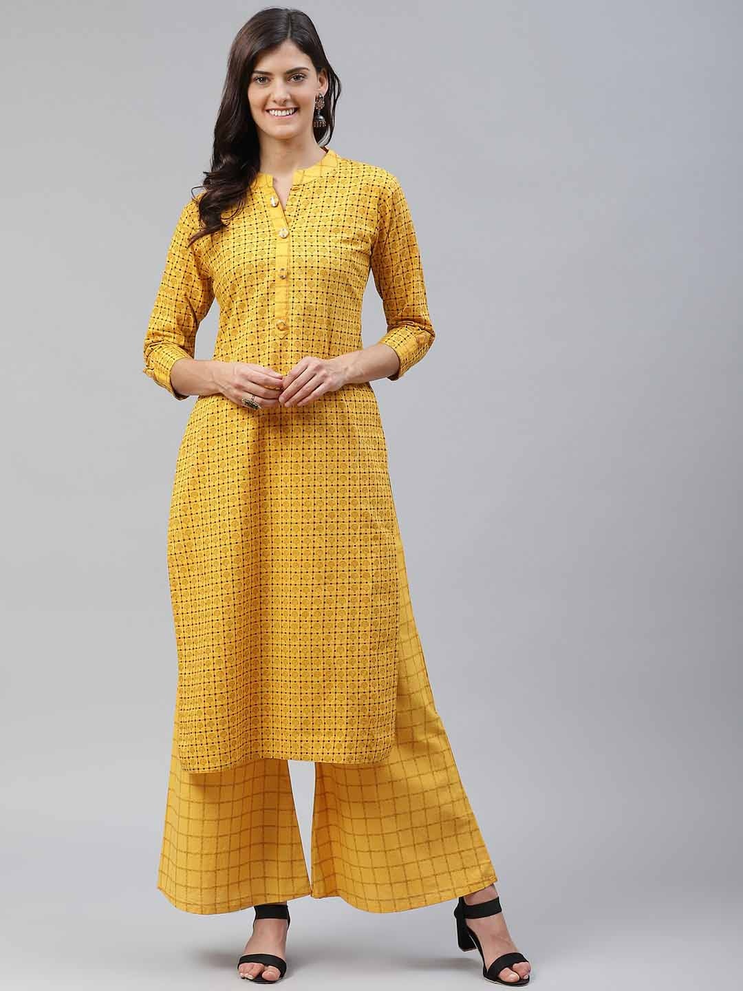 

JC4U Ethnic Motifs Printed Regular Pure Cotton Kurta With Palazzos, Yellow