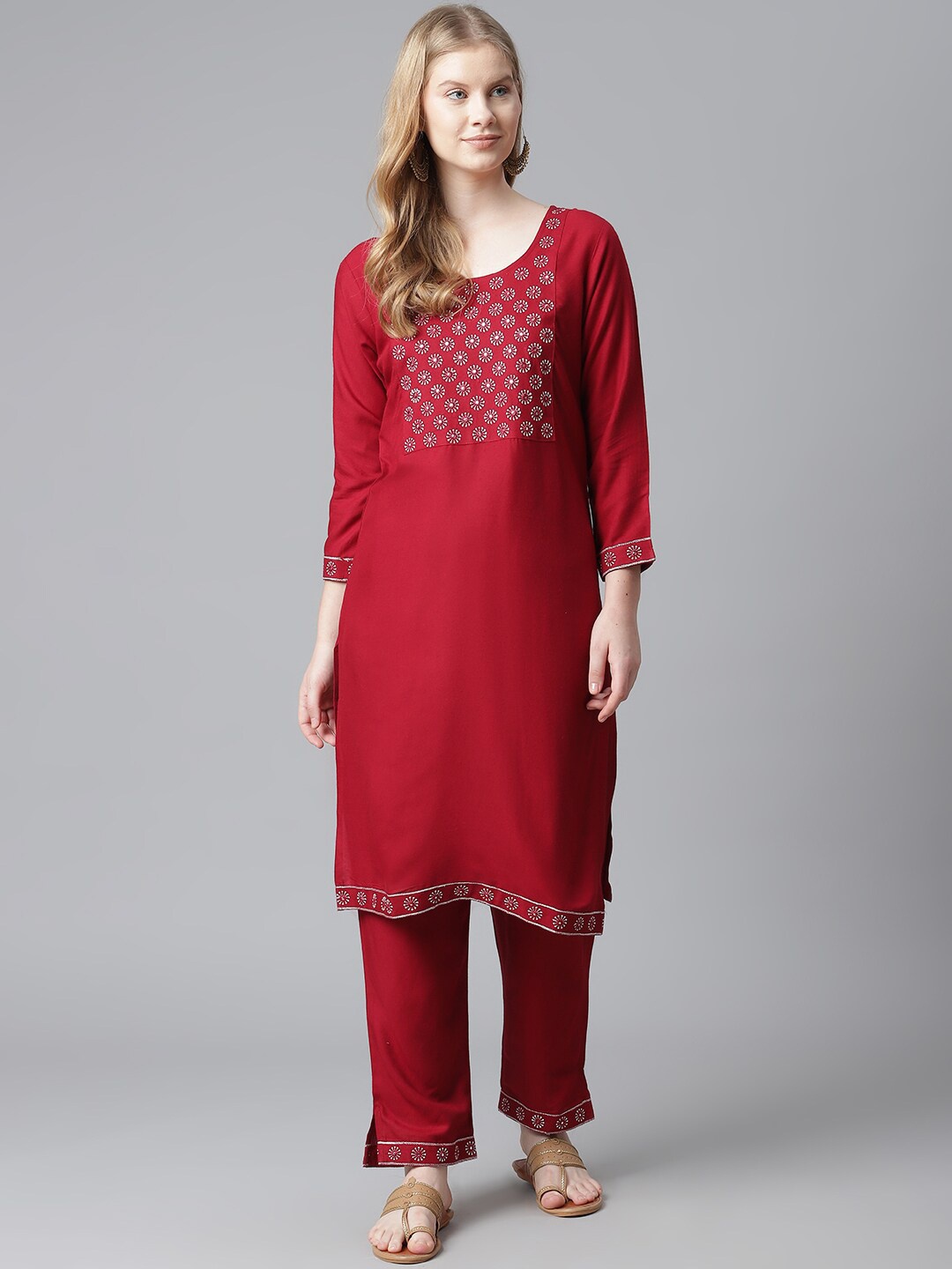 

JC4U Floral Yoke Design Regular Thread Work Kurta With Trousers, Maroon