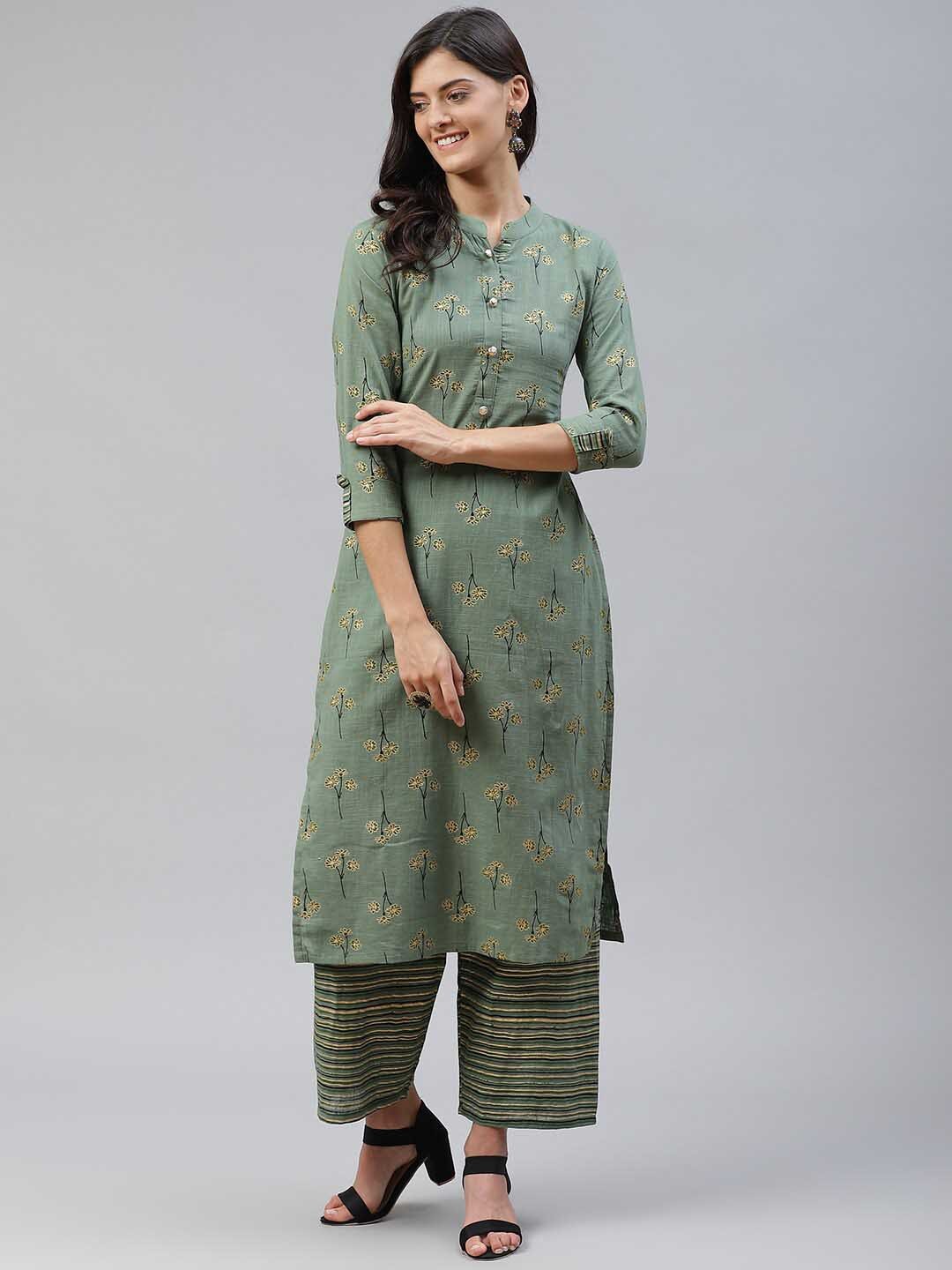 

JC4U Floral Printed Pure Cotton Kurta with Trousers, Green