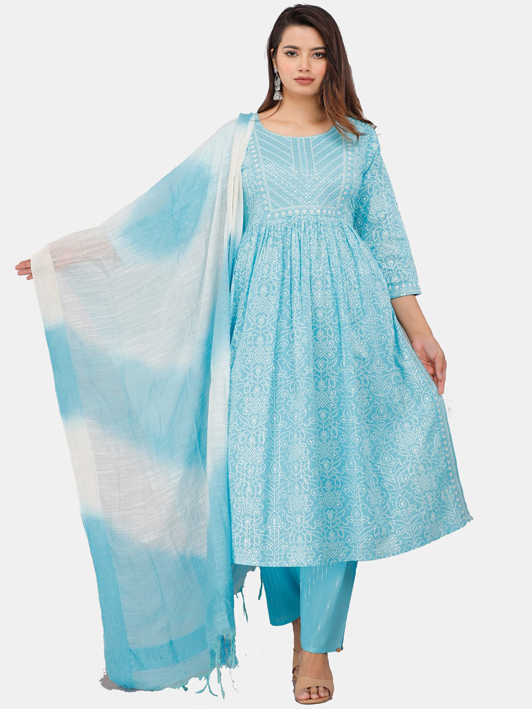 

JC4U Ethnic Motifs Printed Thread Work Pure Cotton Kurta With Trousers & Dupatta, Blue