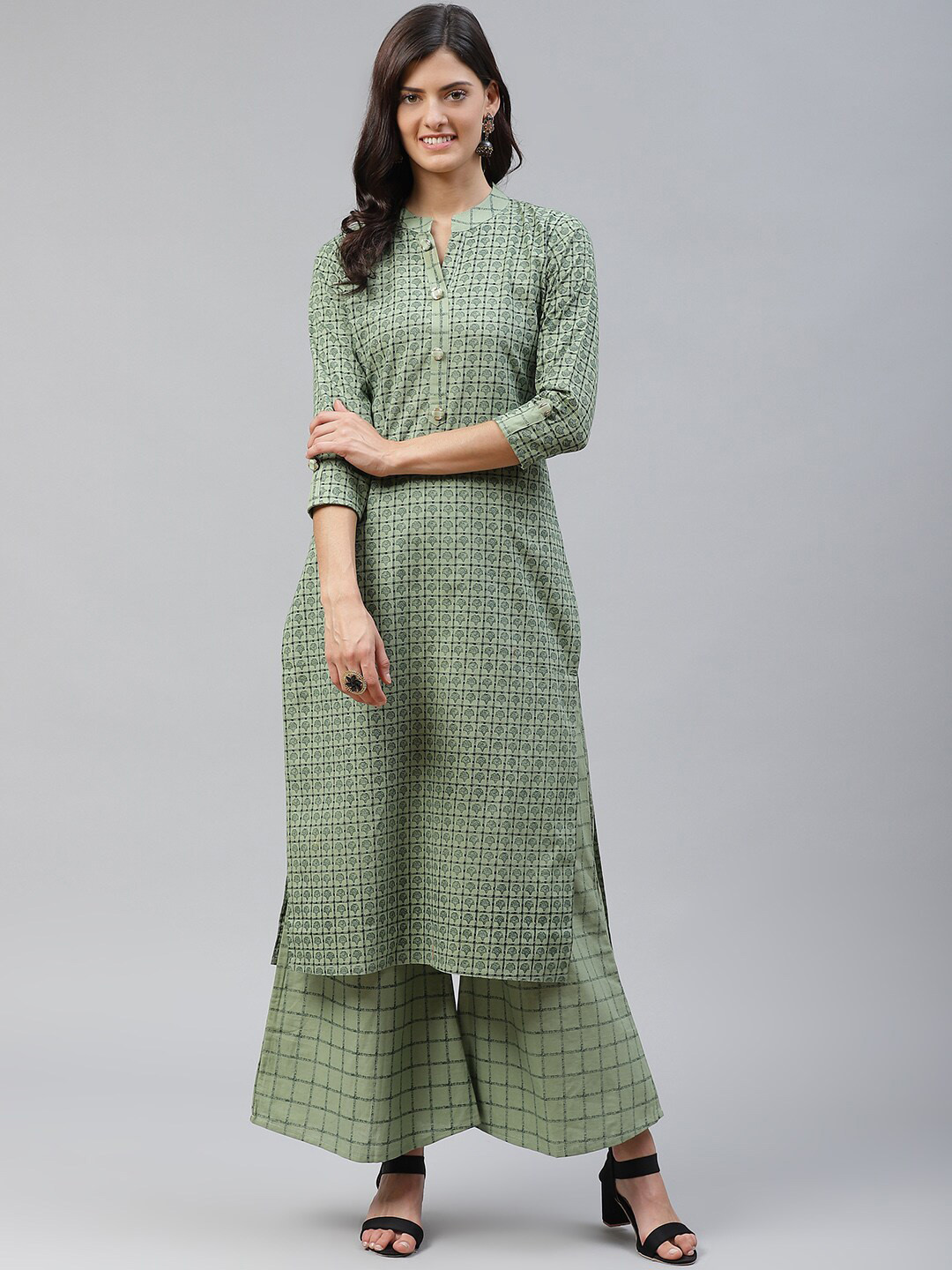 

JC4U Ethnic Motifs Printed Regular Pure Cotton Kurta With Palazzos, Green