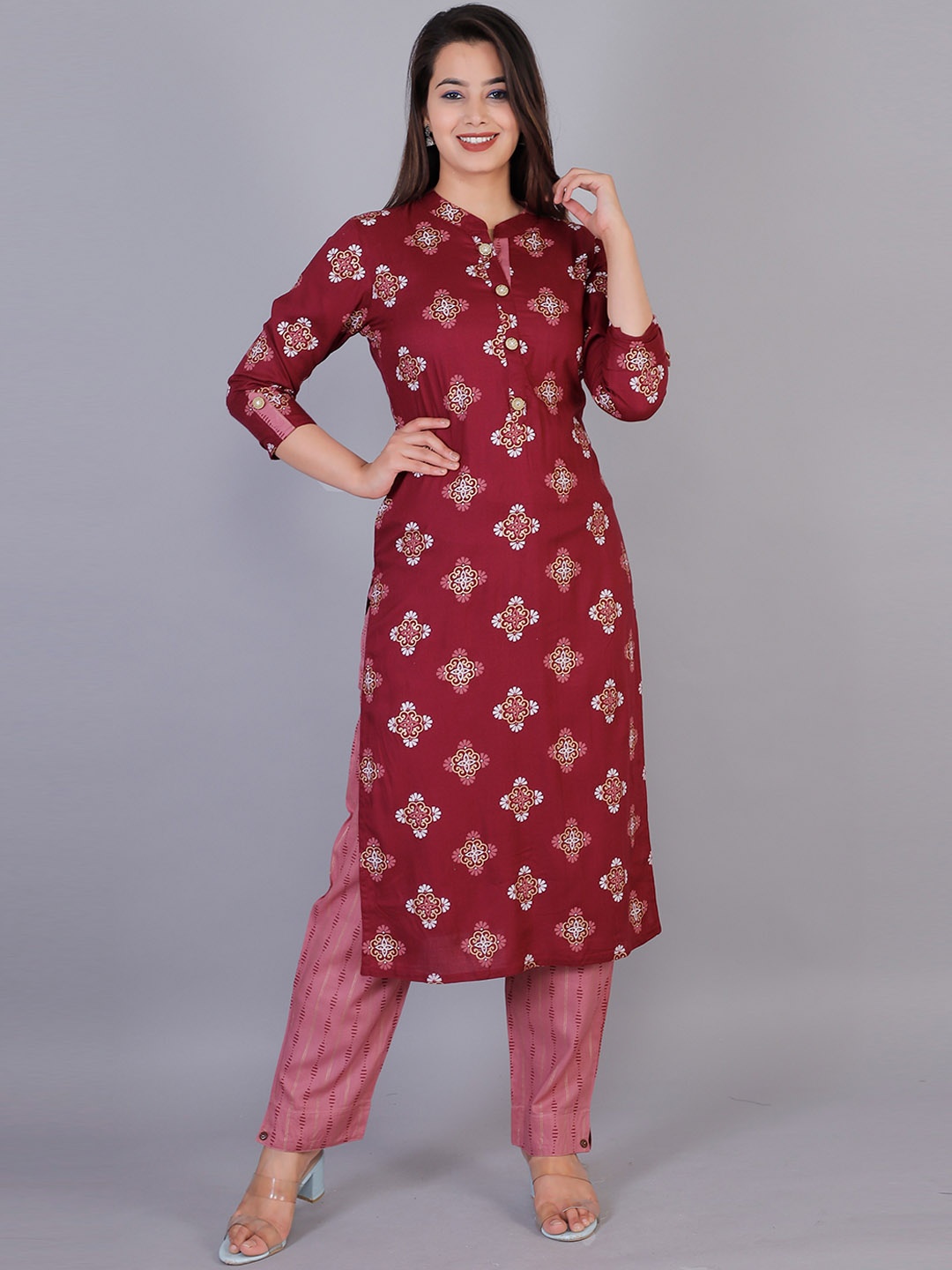 JC4U Women Maroon Ethnic Motifs Printed Regular Kurta with Trousers