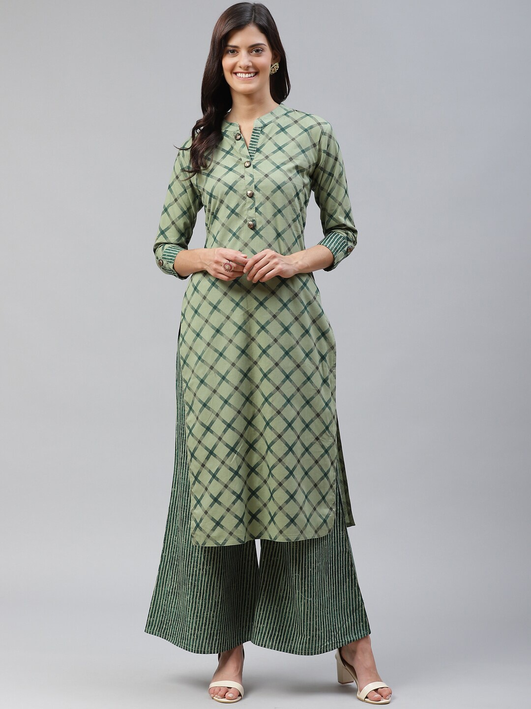 

JC4U Geometric Printed Regular Pure Cotton Kurta With Palazzos, Green