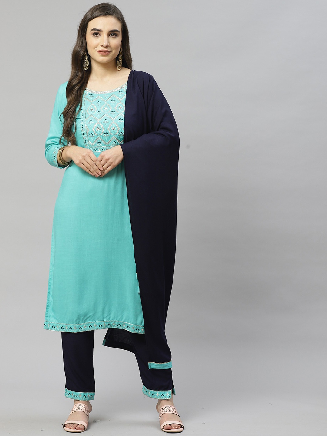 

JC4U Floral Yoke Design Regular Thread Work Kurta & Trousers With Dupatta, Blue