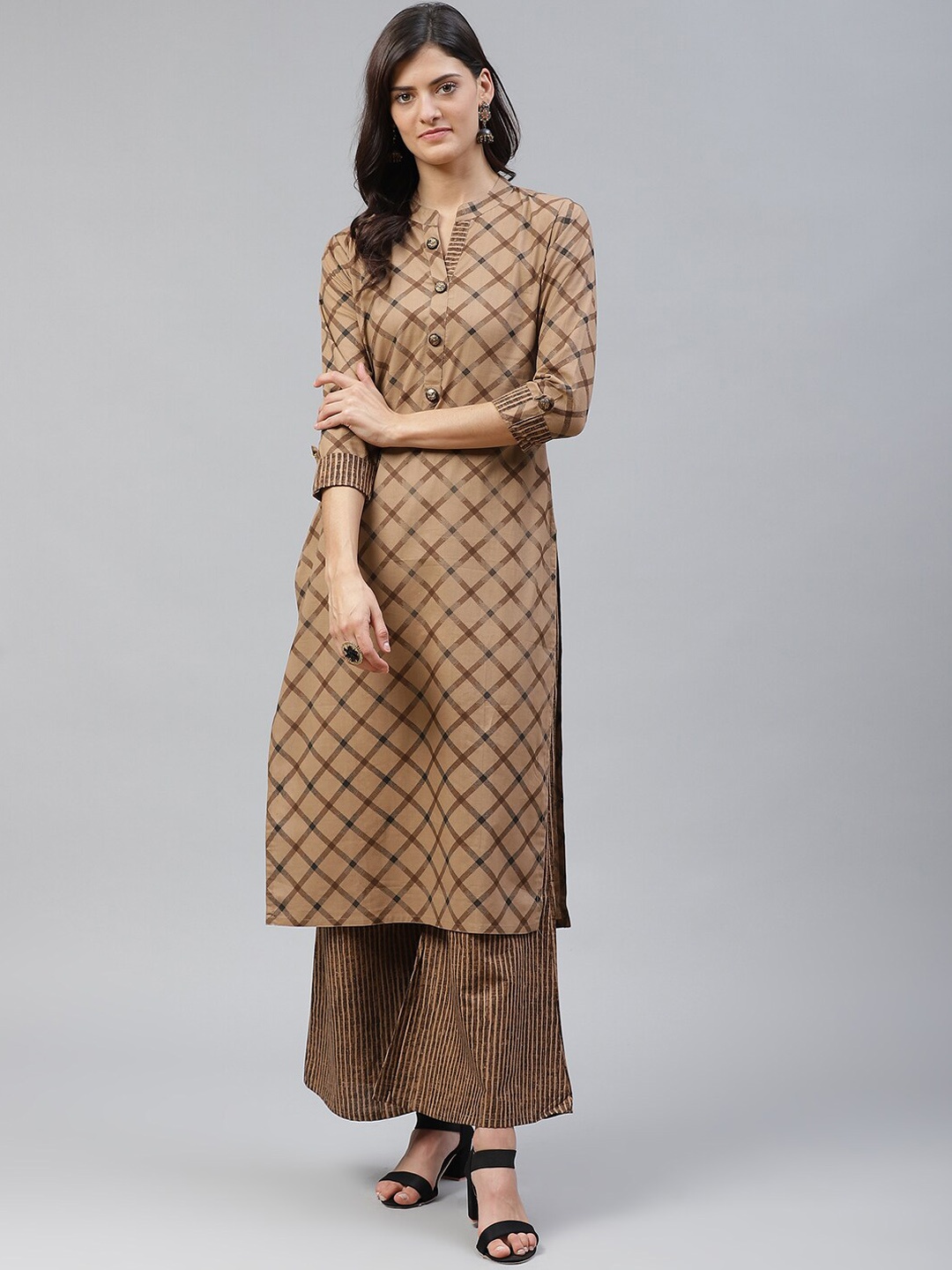 

JC4U Checked Regular Pure Cotton Straight Kurta with Palazzos, Brown