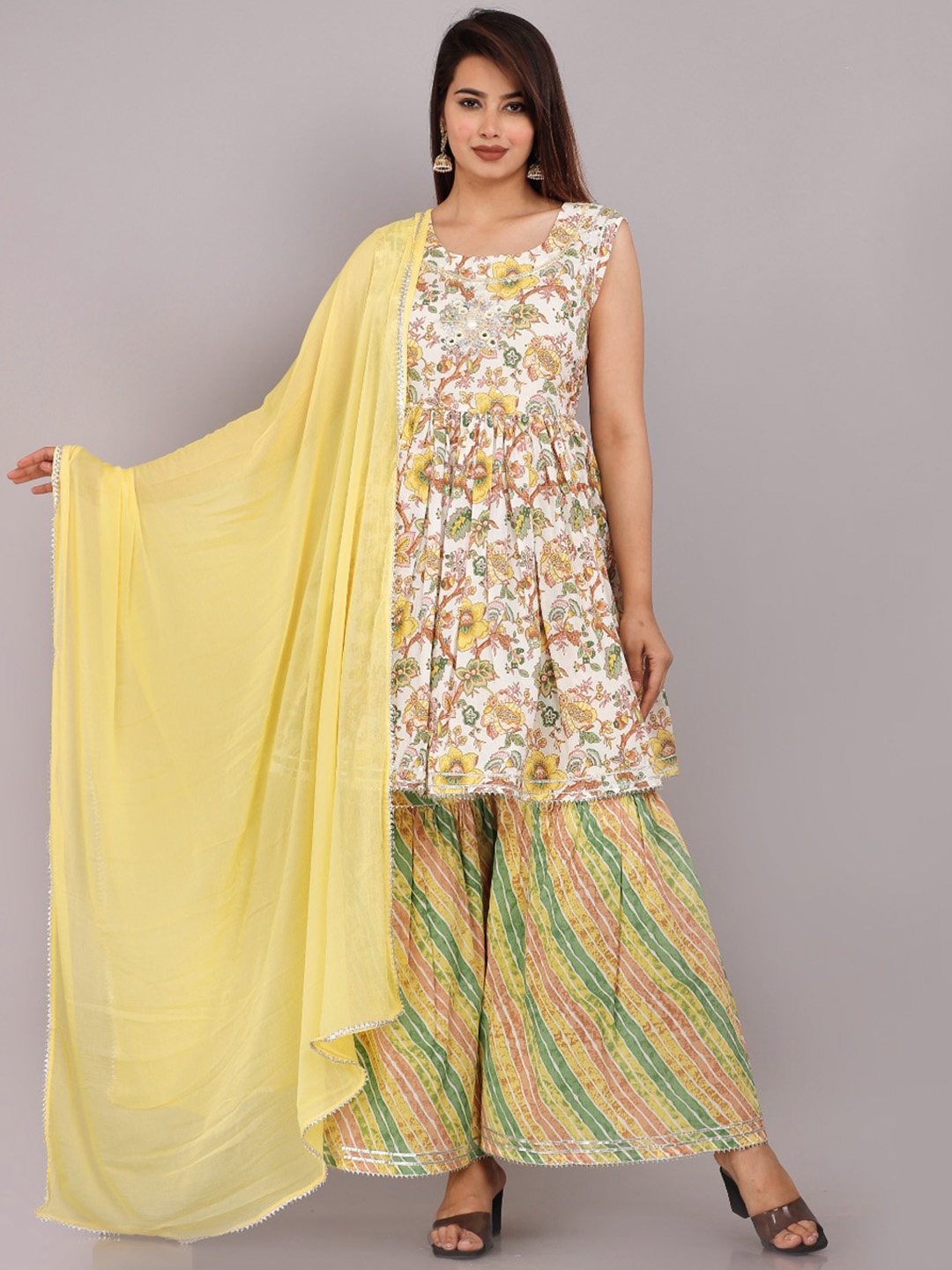 JC4U Floral Printed Empire Gotta Patti Pure Cotton Kurta With Sharara & Dupatta, Yellow