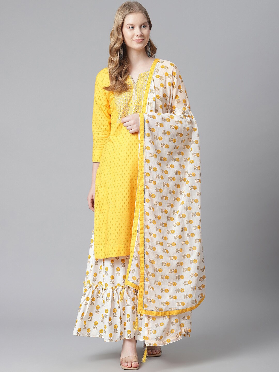 

JC4U Ethnic Motifs Printed Regular Sequinned Pure Cotton Kurta With Sharara & Dupatta, Yellow