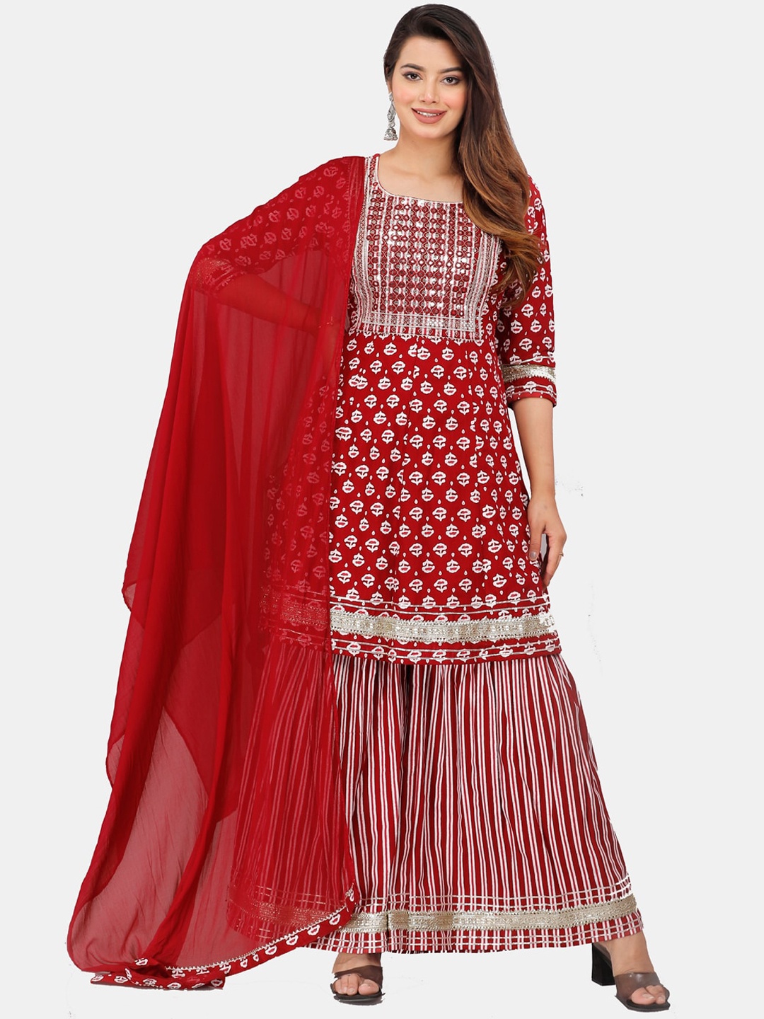JC4U Floral Printed Empire Gotta Patti Kurta With Sharara & Dupatta, Maroon