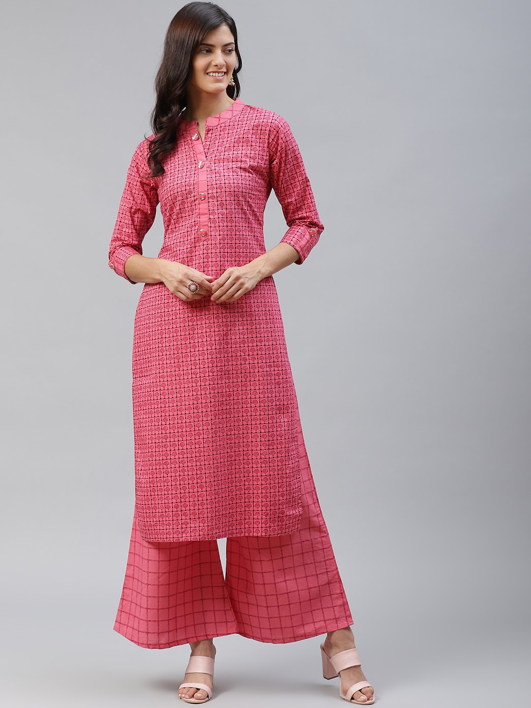 

JC4U Ethnic Motifs Printed Regular Pure Cotton Kurta With Palazzos, Pink