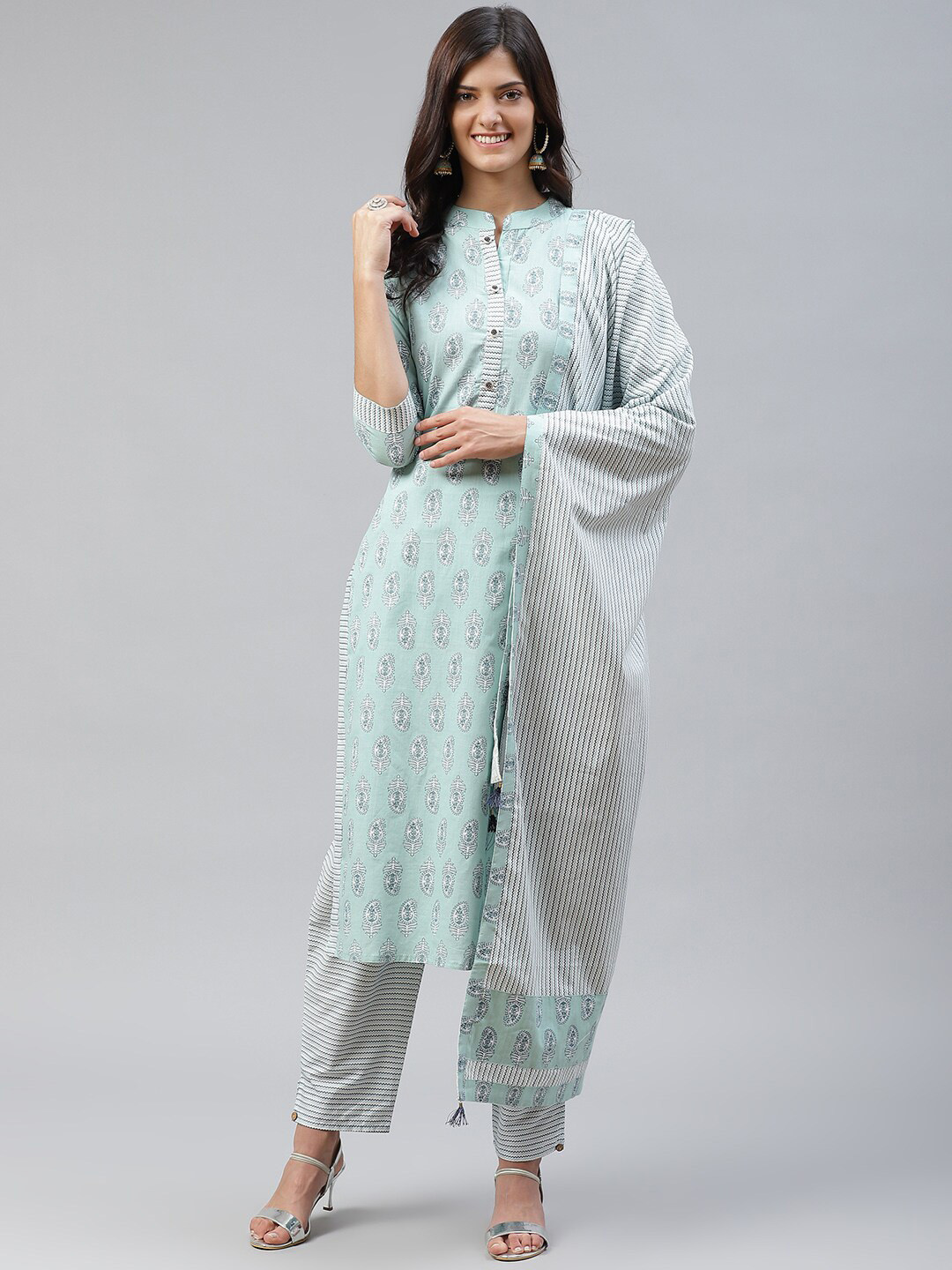 

JC4U Paisley Printed Regular Pure Cotton Straight Kurta & Trousers With Dupatta, Blue