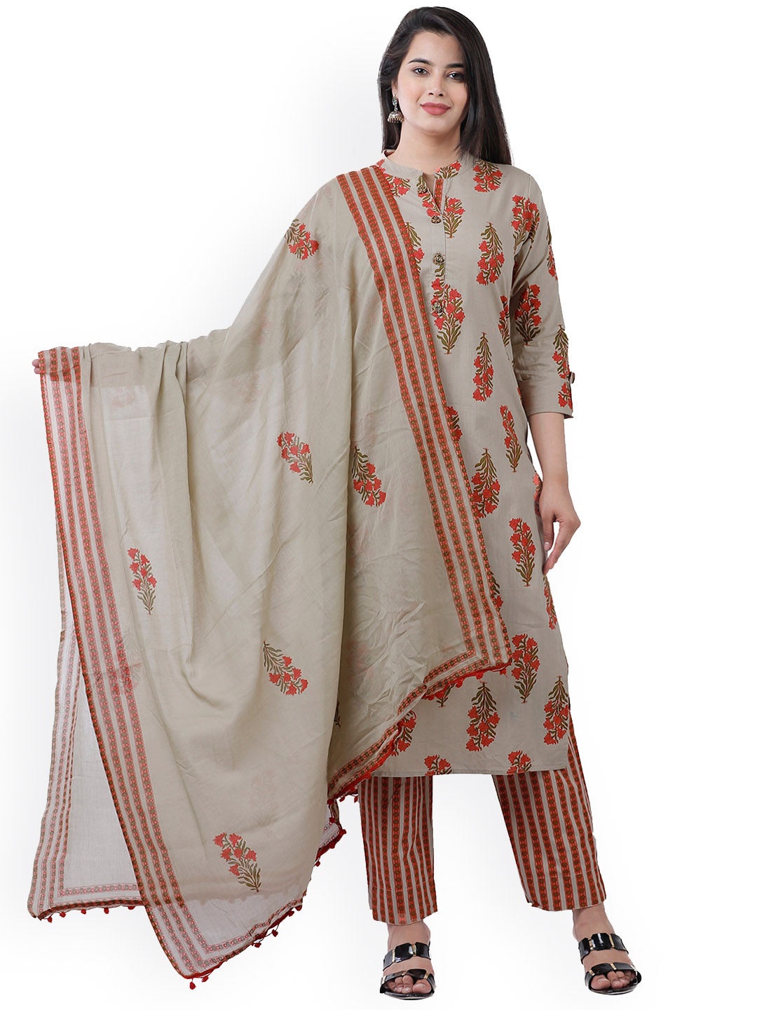 

JC4U Ethnic Motifs Printed Regular Pure Cotton Kurta With Trousers, Beige