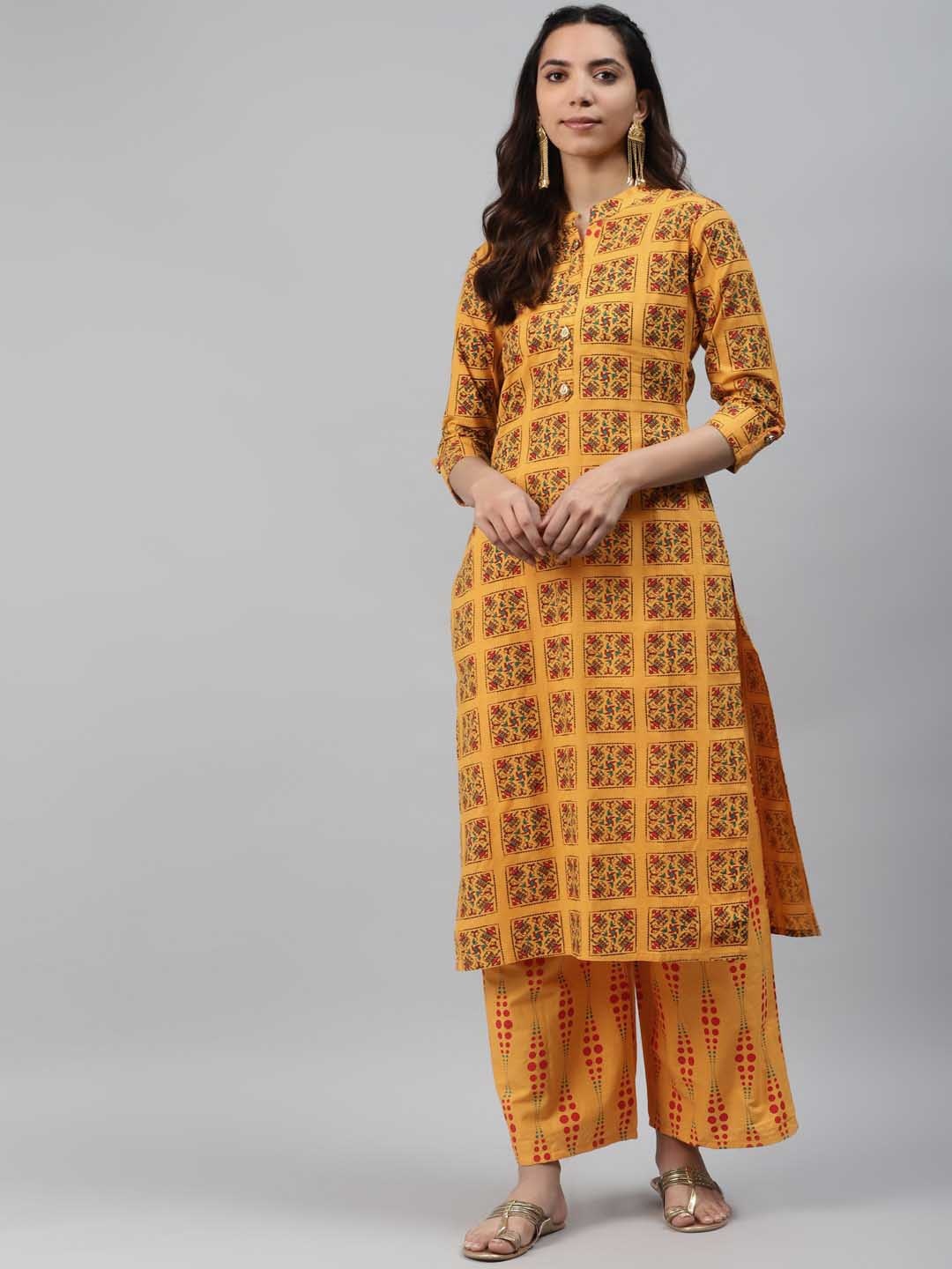 

JC4U Ethnic Motifs Printed Regular Pure Cotton Kurta With Palazzos, Mustard