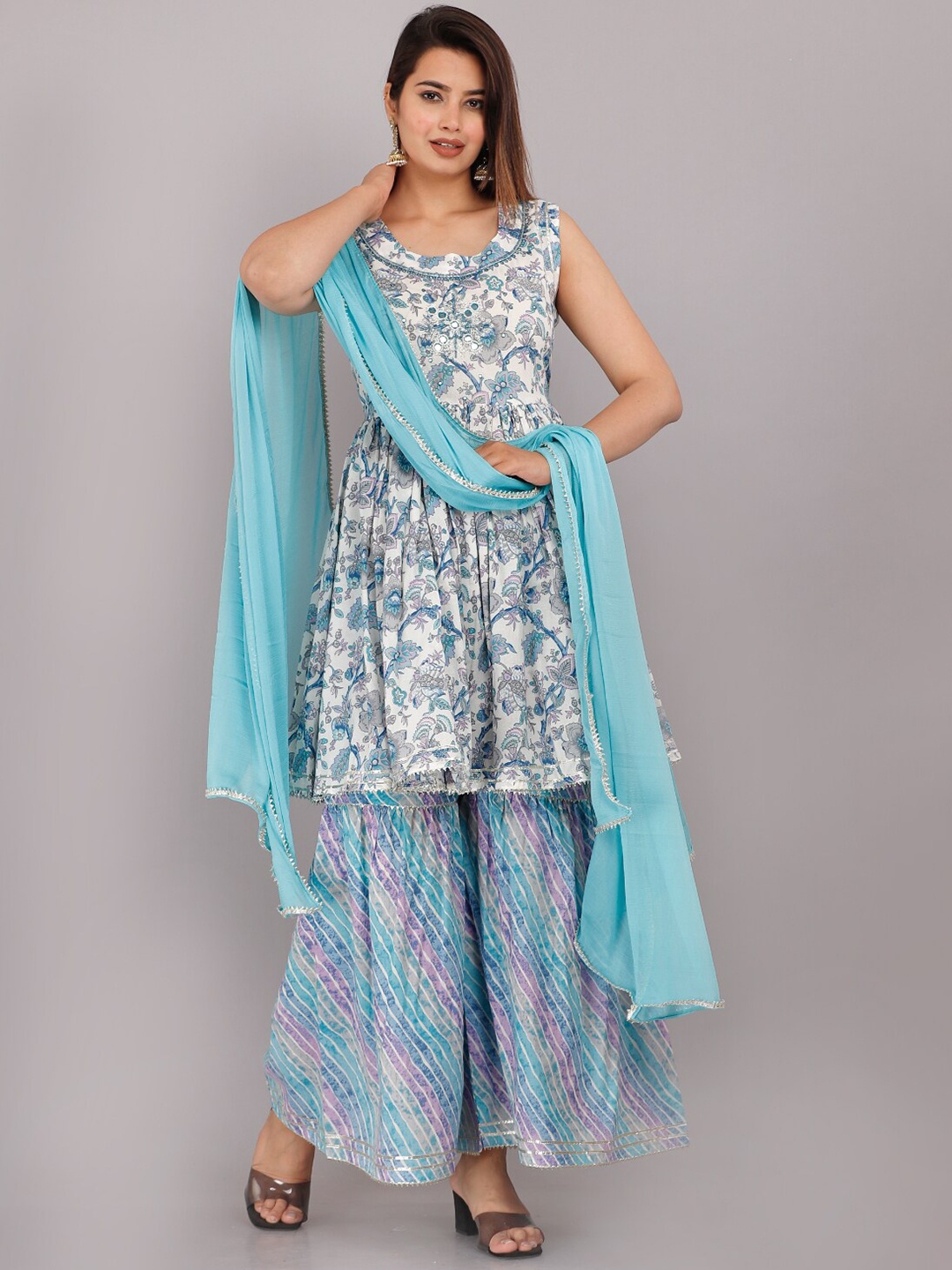 

JC4U Floral Printed Pure Cotton Kurta With Sharara & Dupatta, Blue