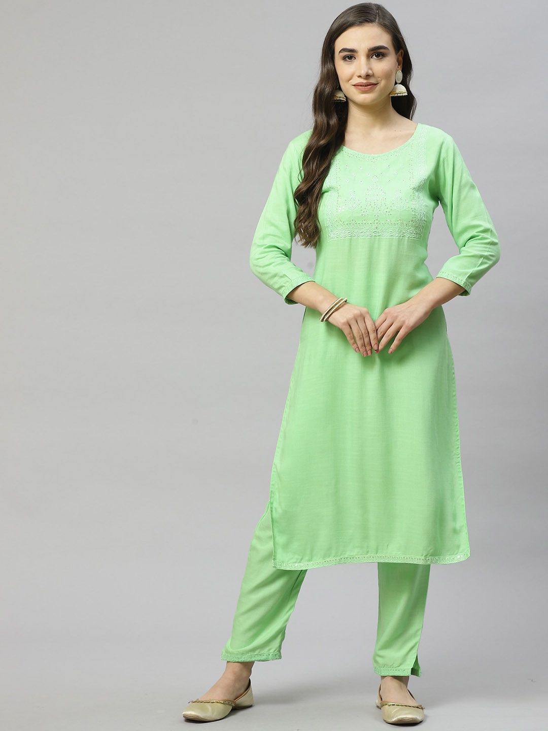 JC4U Floral Yoke Design Sequinned Straight Kurta With Trousers, Green