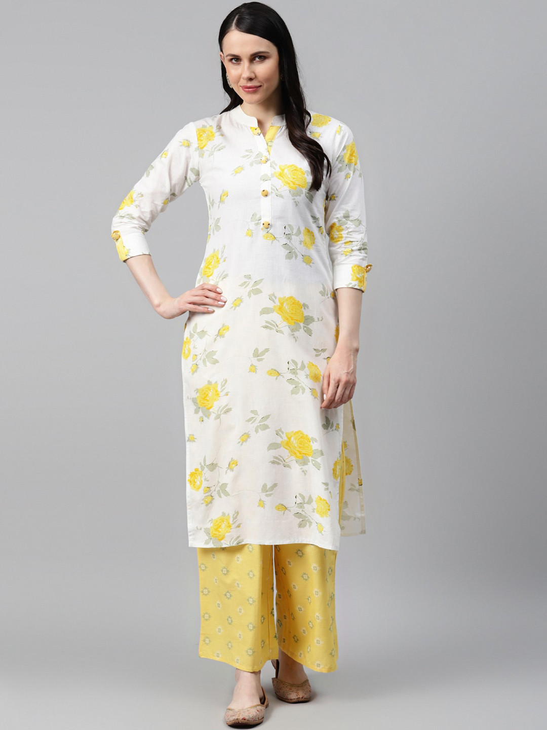 

JC4U Floral Printed Regular Pure Cotton Kurta With Palazzos, Yellow