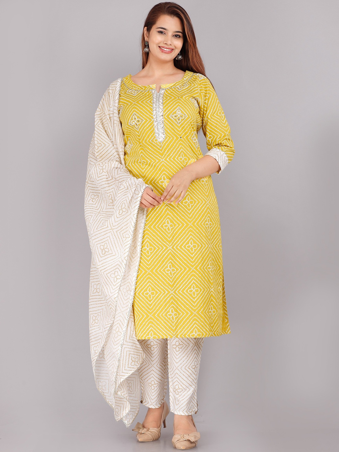

JC4U Bandhani Printed Regular Gotta Patti Pure Cotton Kurta with Trousers, Yellow