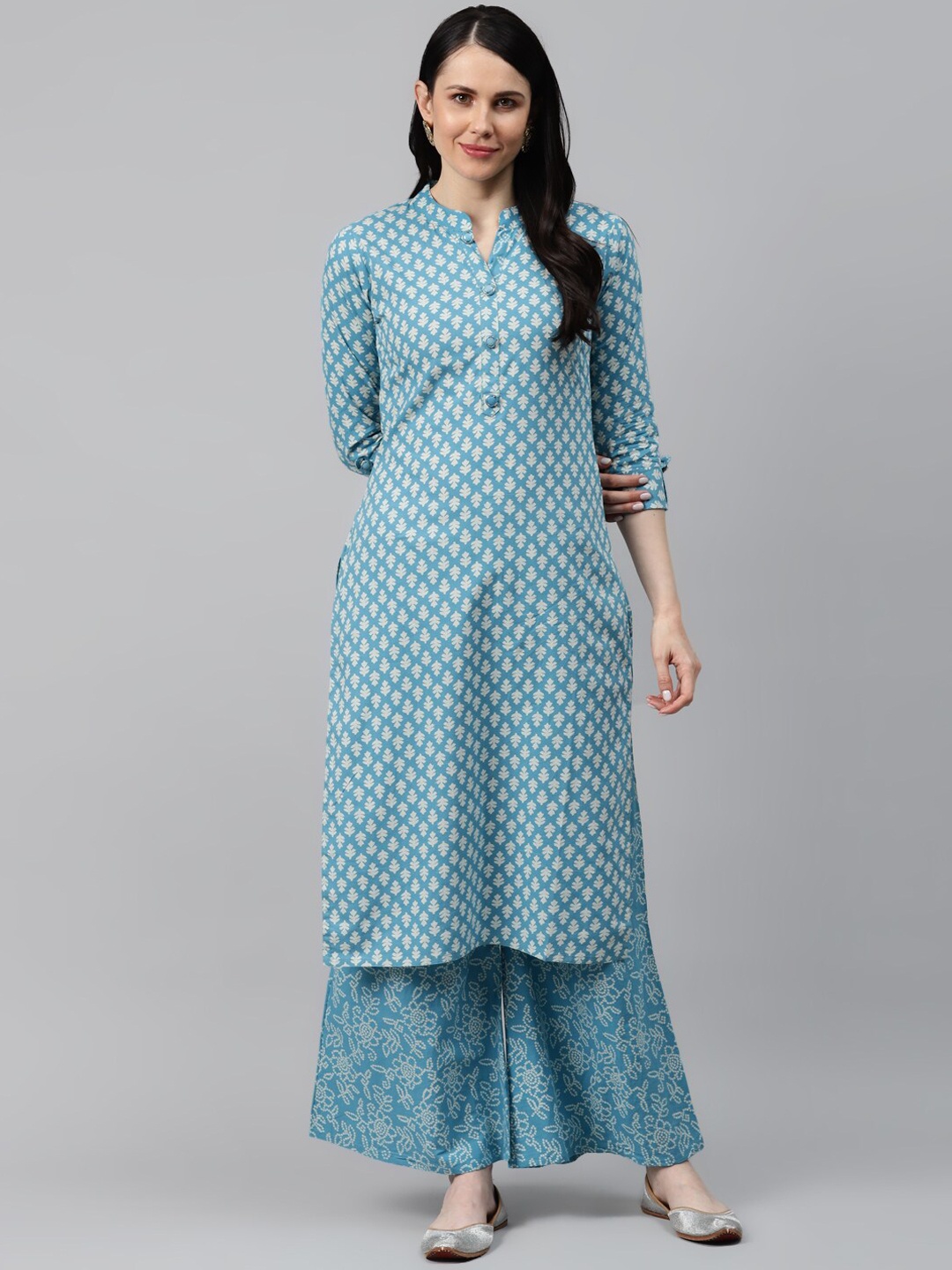 JC4U Ethnic Motifs Printed Regular Mandarin Collar Pure Cotton Kurta with Palazzos, Blue