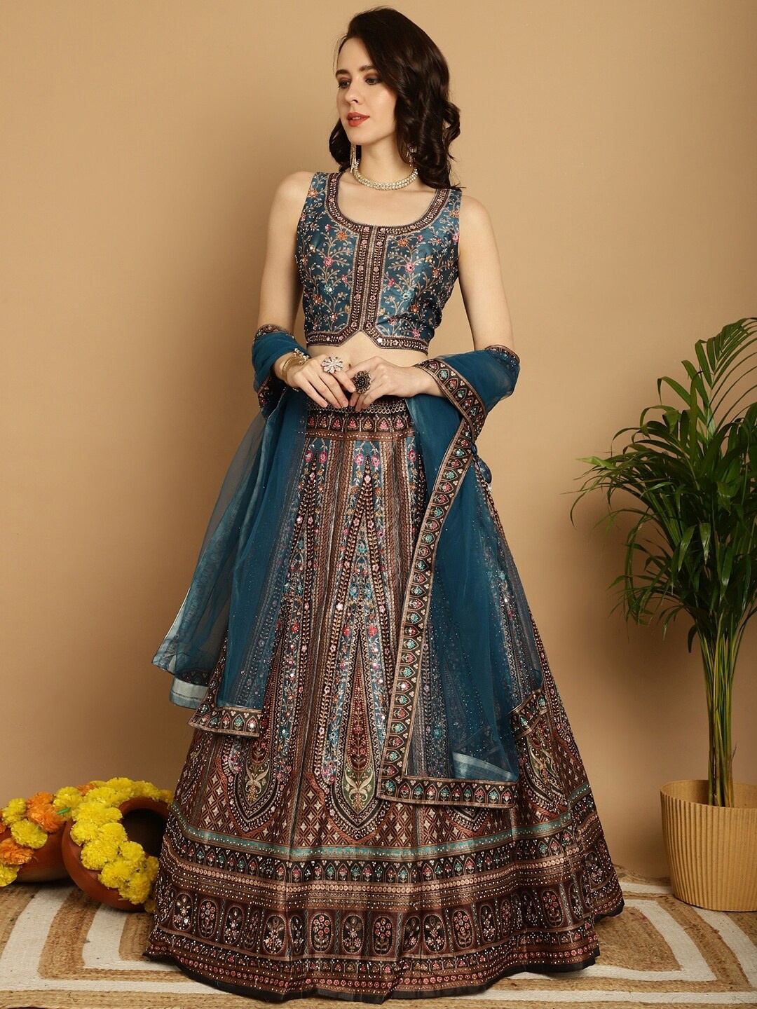 

Grancy Printed Mirror Work Ready to Wear Lehenga & Blouse With Dupatta, Blue