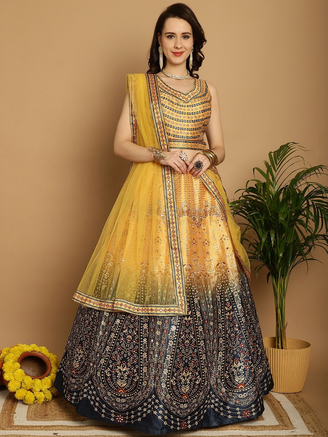 

Grancy Printed Mirror Work Ready to Wear Lehenga & Blouse With Dupatta, Yellow